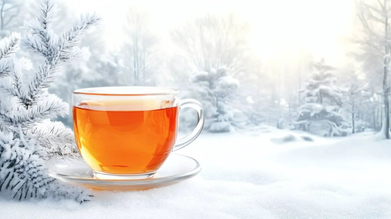 Cozy hot tea against snowy backdrop — free download from Dotvec