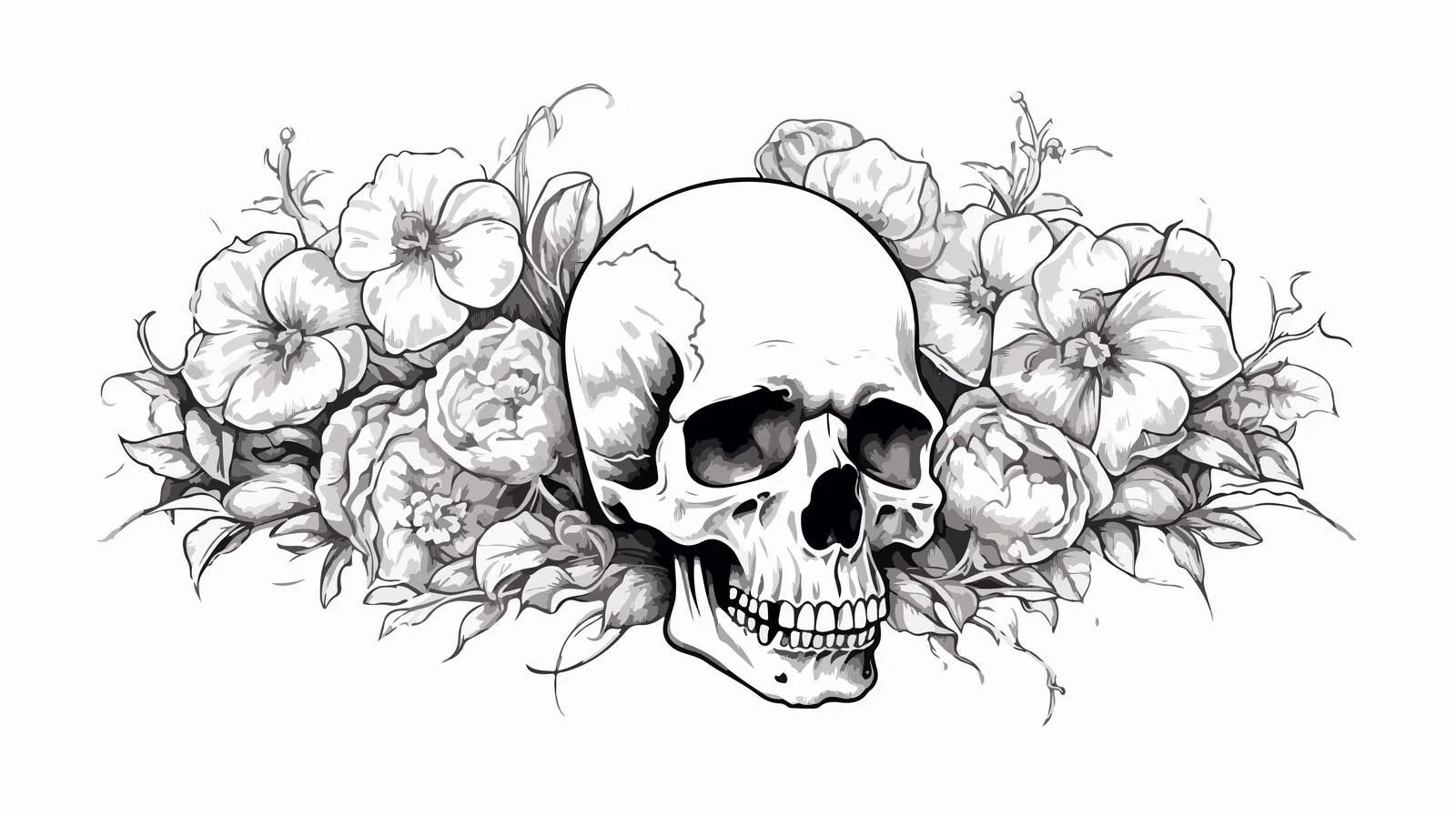 Skull & Flowers Engraved Sketch — free download from Dotvec