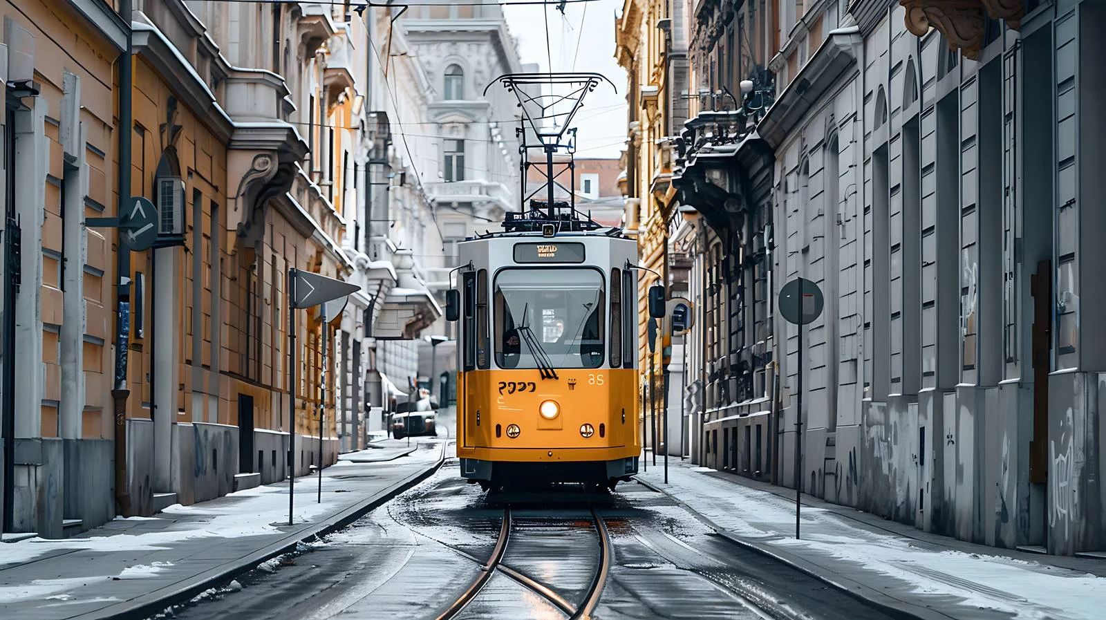 Urban tram weaving through Budapest's skyline — free download from Dotvec