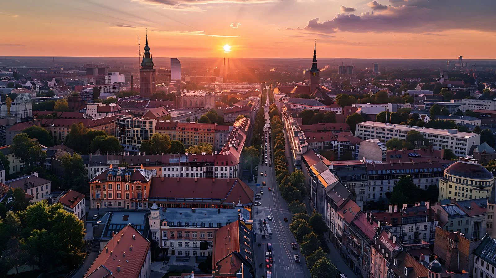 Golden Hour Over Lodz City Poland — free download from Dotvec