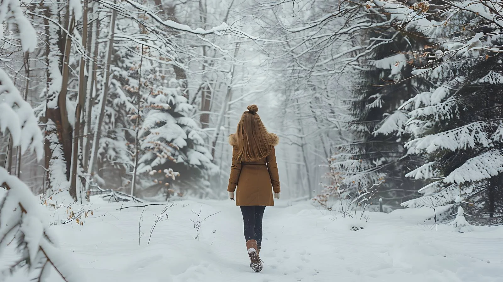 Solitary woman strolling snowy woods alone — free download from Dotvec