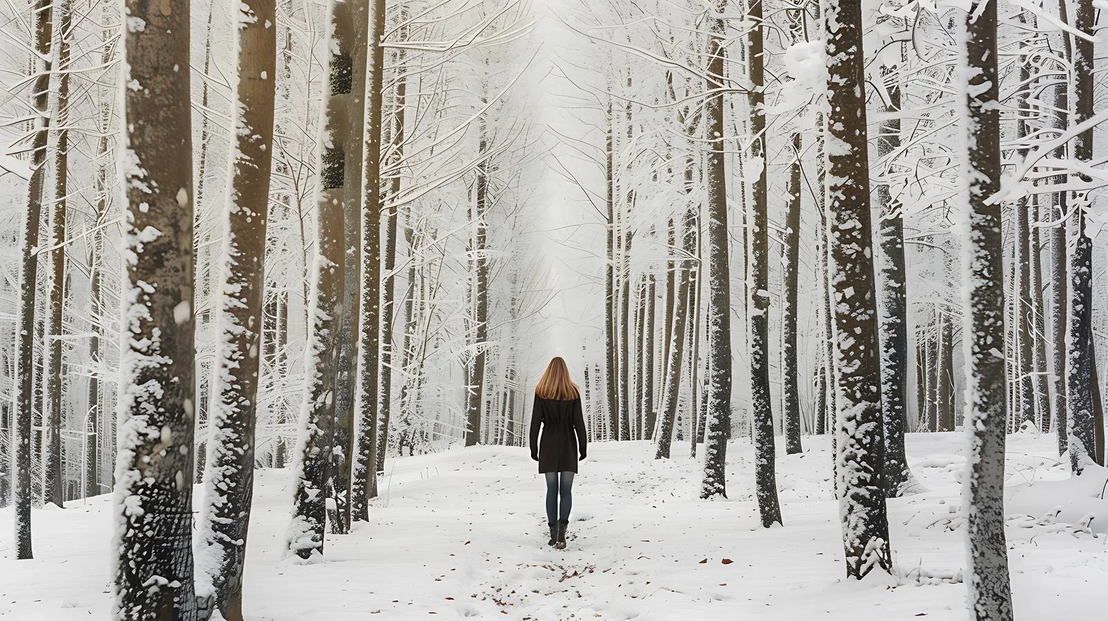 Solitary female strolling snowy woodland alone — free download from Dotvec