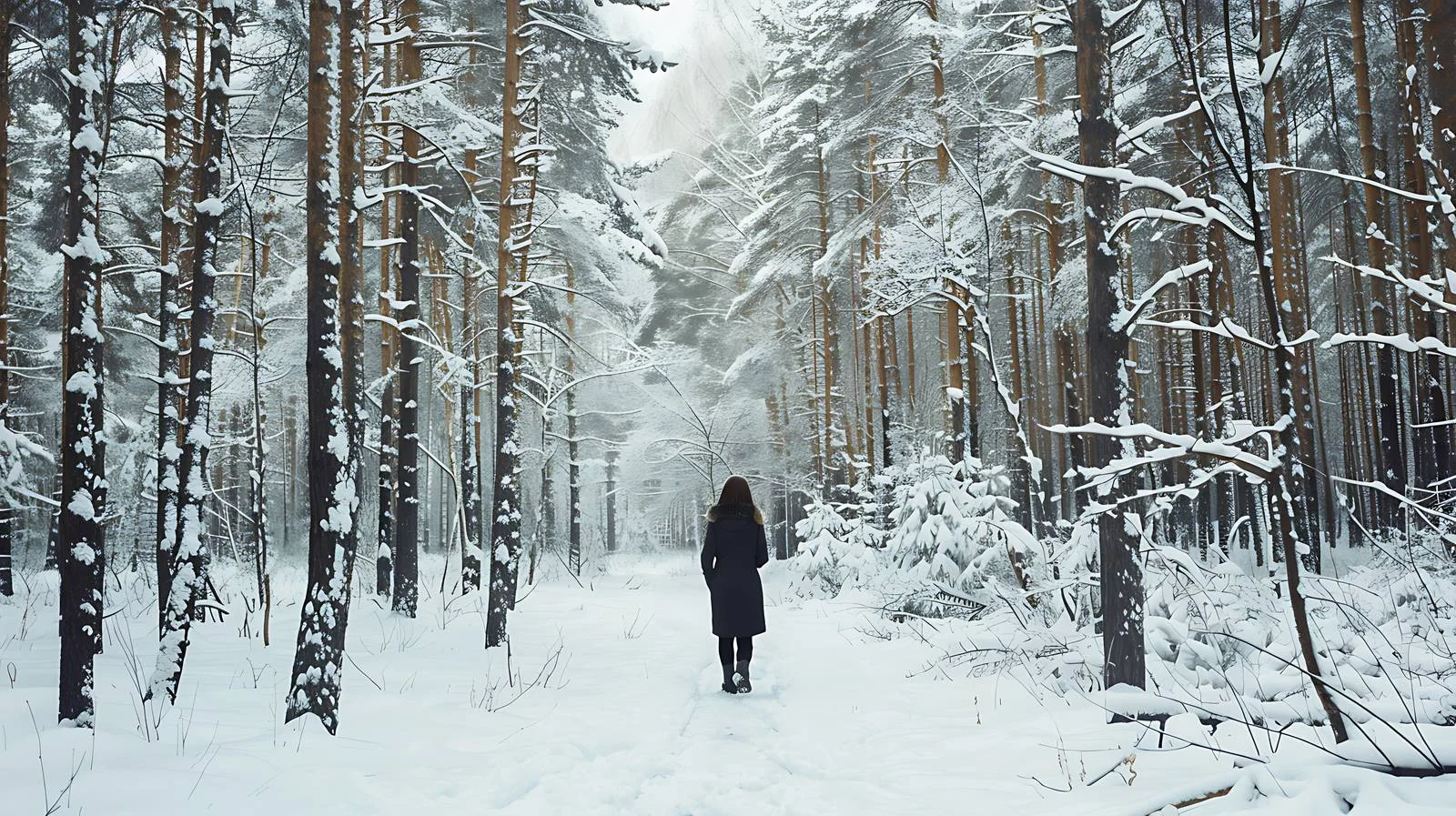 Solitary young female strolling snowy woods — free download from Dotvec