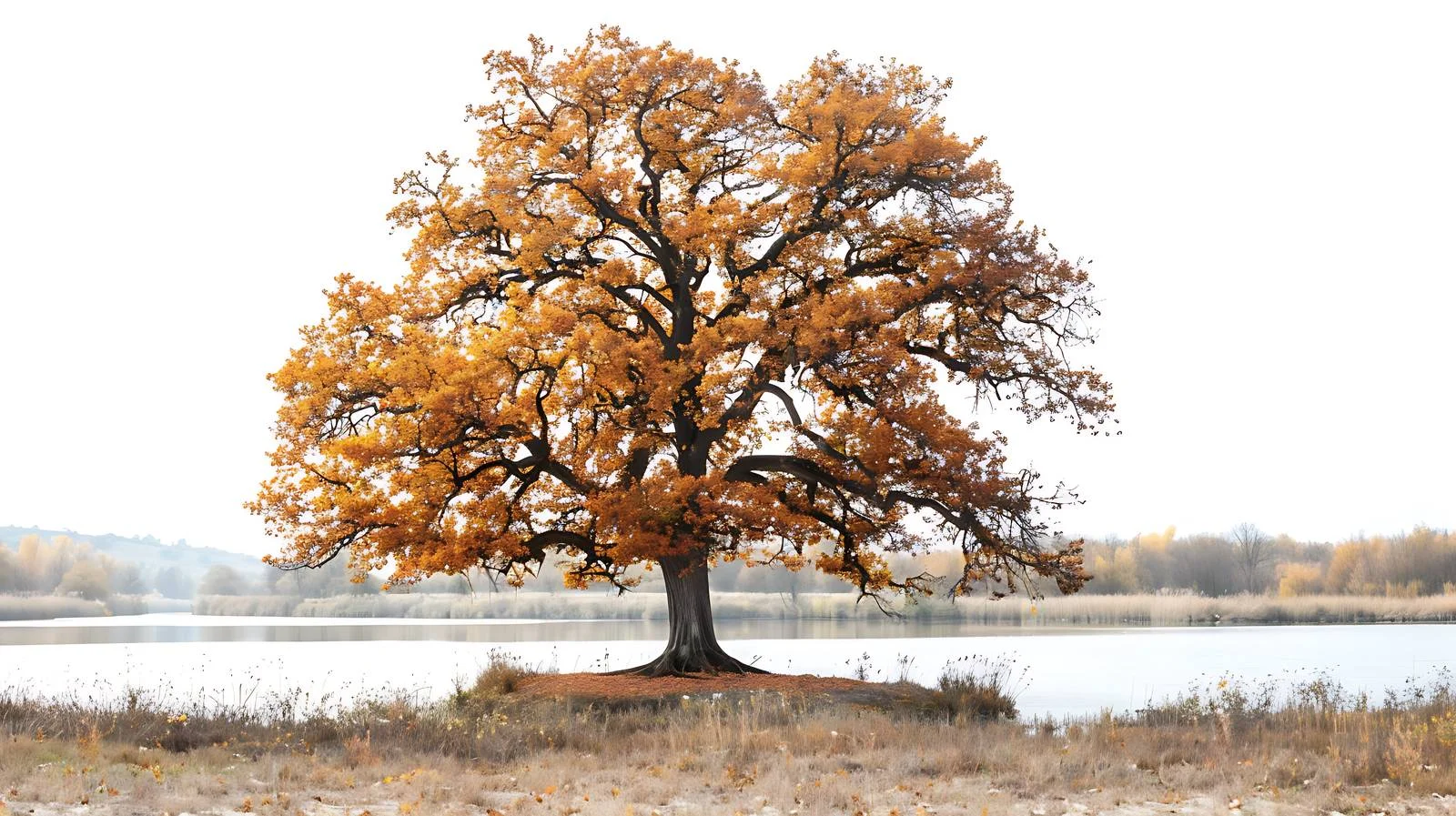 Solitary oak beside autumn riverbank view — free download from Dotvec