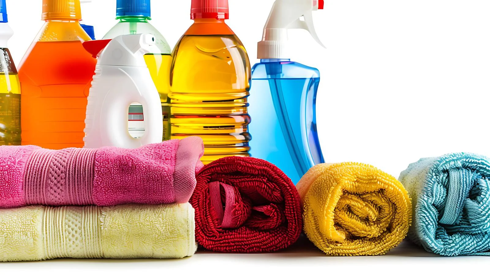 Assorted cleaning chemical bottles on display — free download from Dotvec