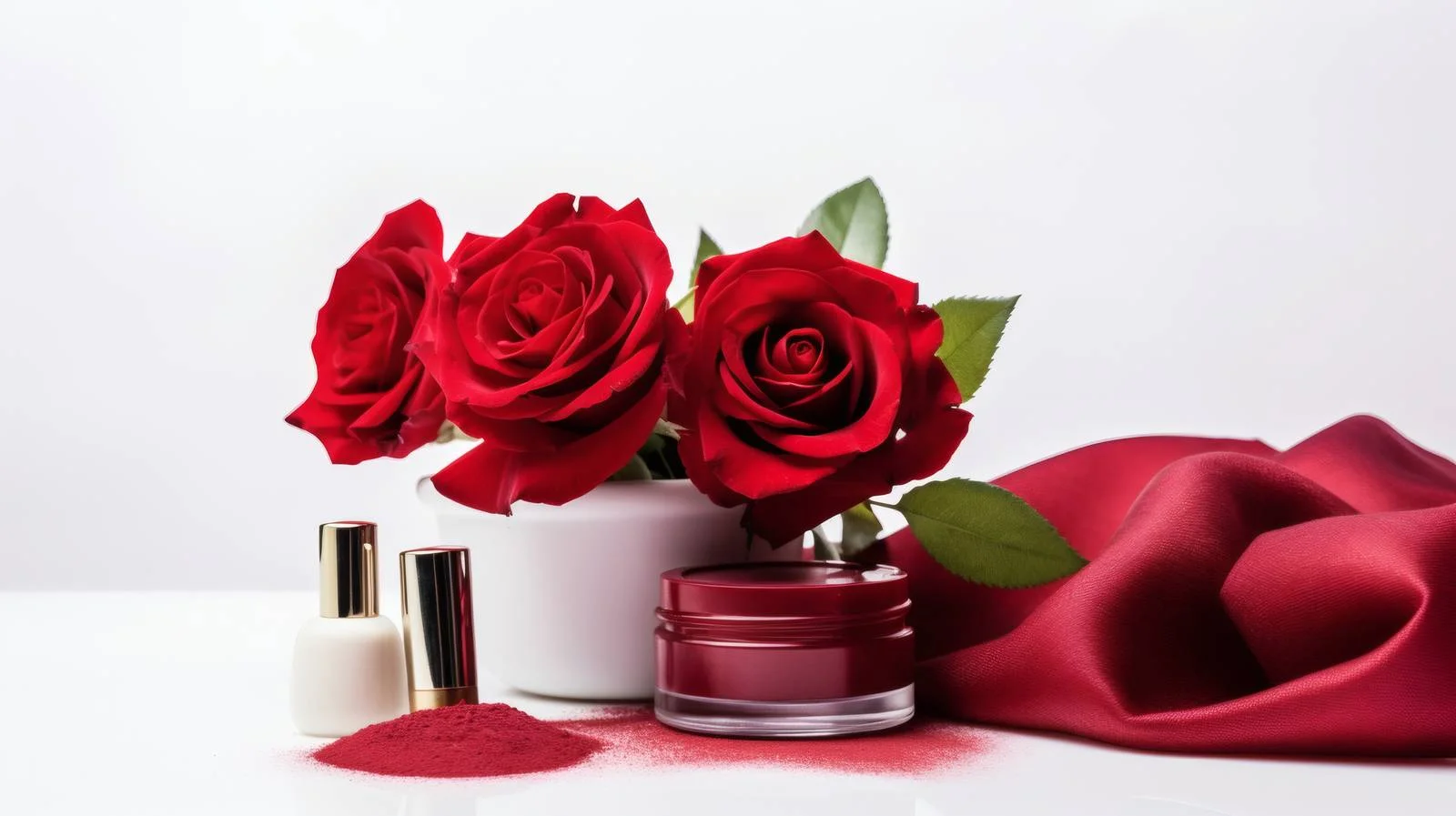 Elegant Makeup Products and Rose Flowers on White Background — free download from Dotvec