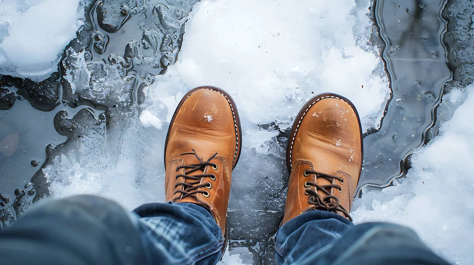 Man Steps on Melting Snow Puddle — free download from Dotvec