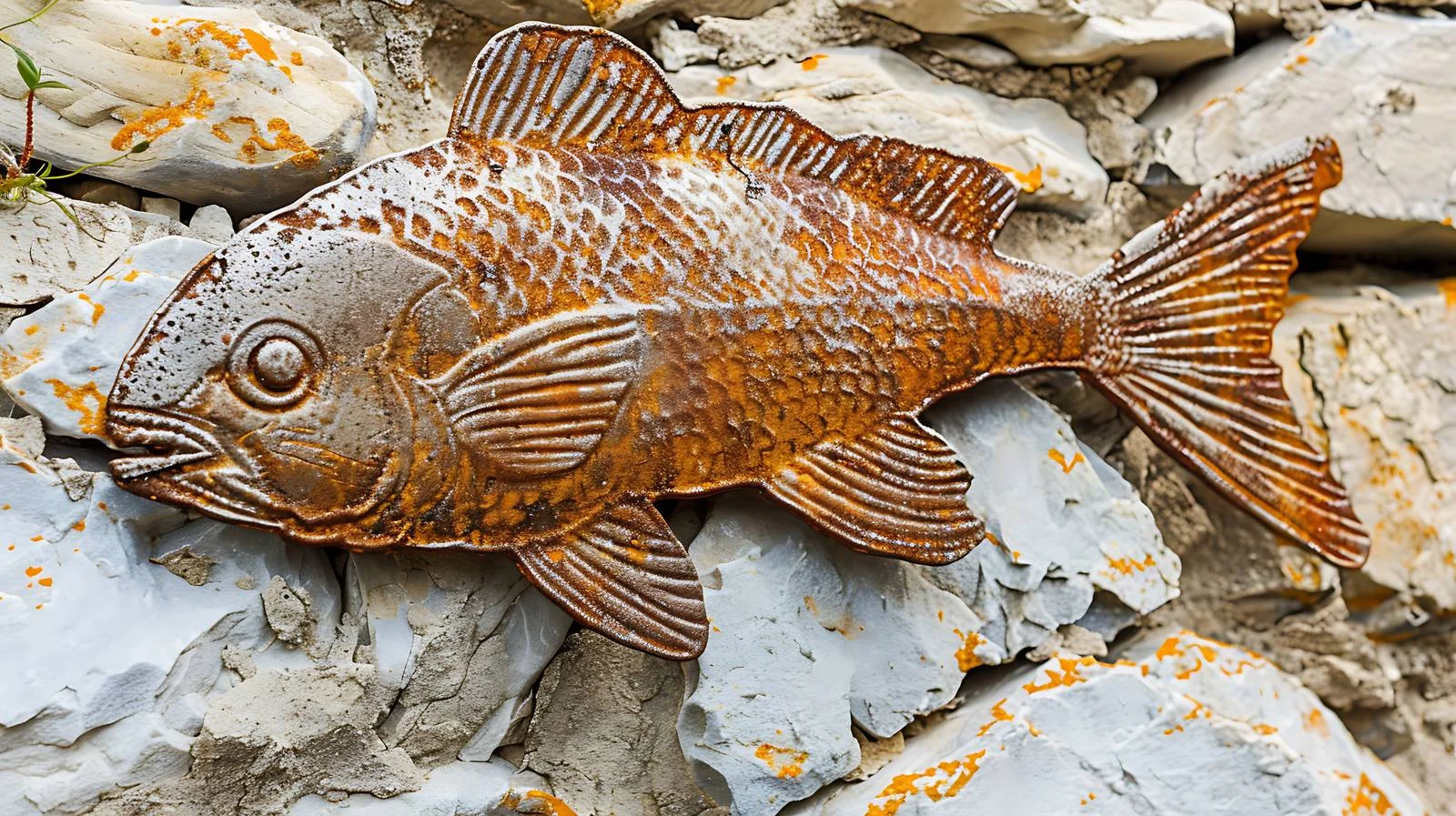 Weathered metal fish emblem on stone wall — free download from Dotvec