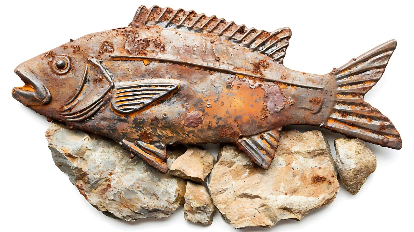 Weathered metal fish emblem on stone wall — free download from Dotvec