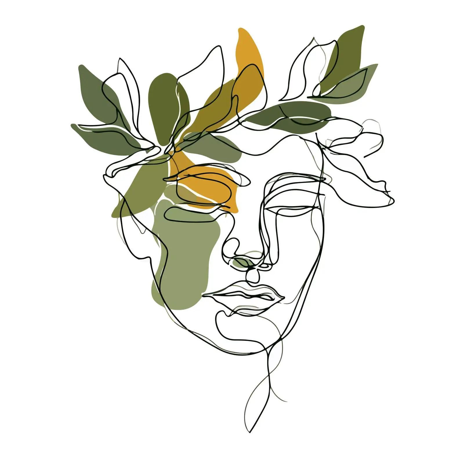 Abstract Face Line Art with Leafy Crown — free download from Dotvec