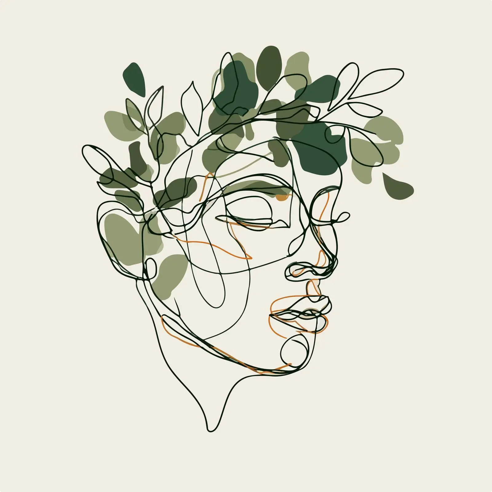 Elegant Face with Leafy Crown Line Art — free download from Dotvec