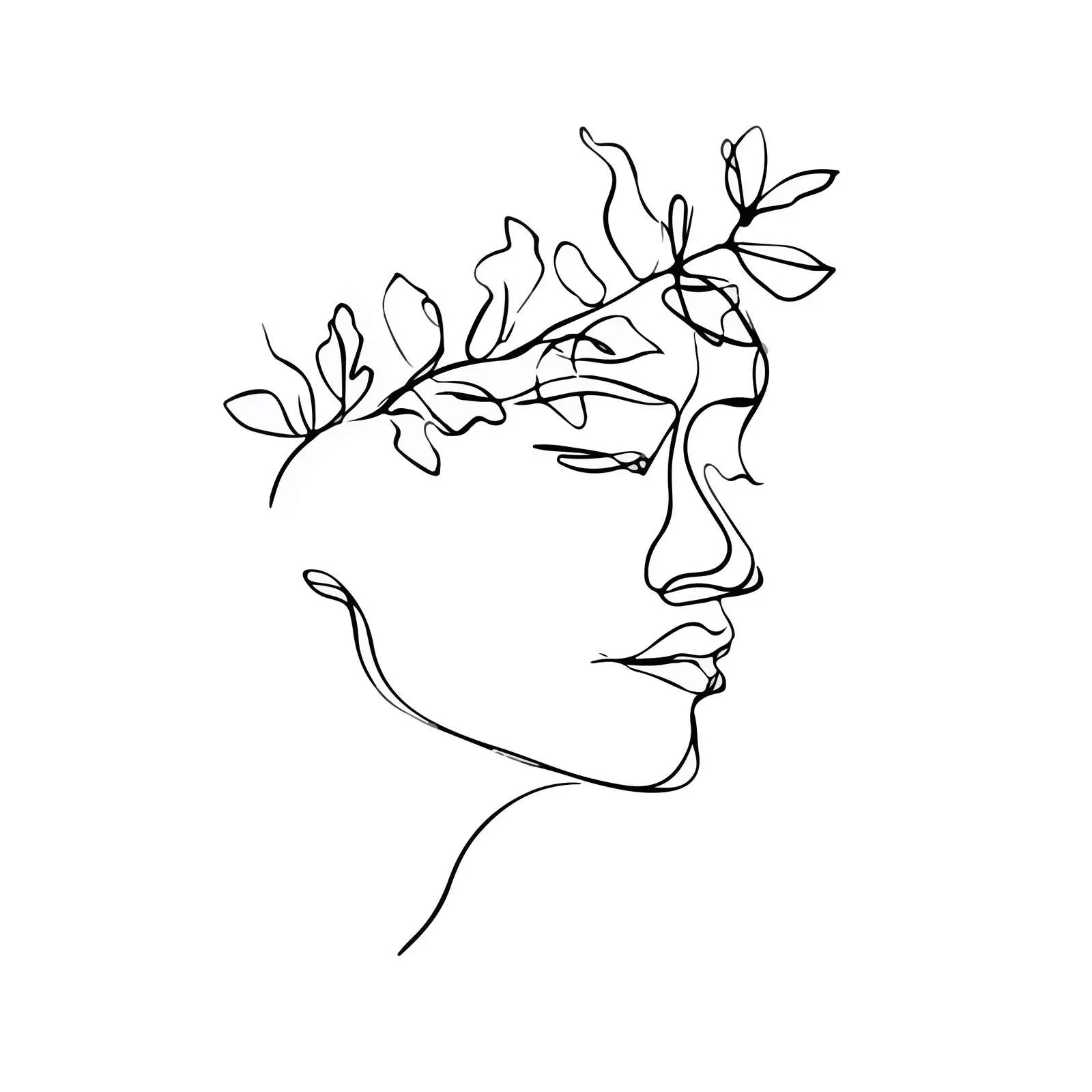 Elegant Face with Leafy Crown Line Art — free download from Dotvec
