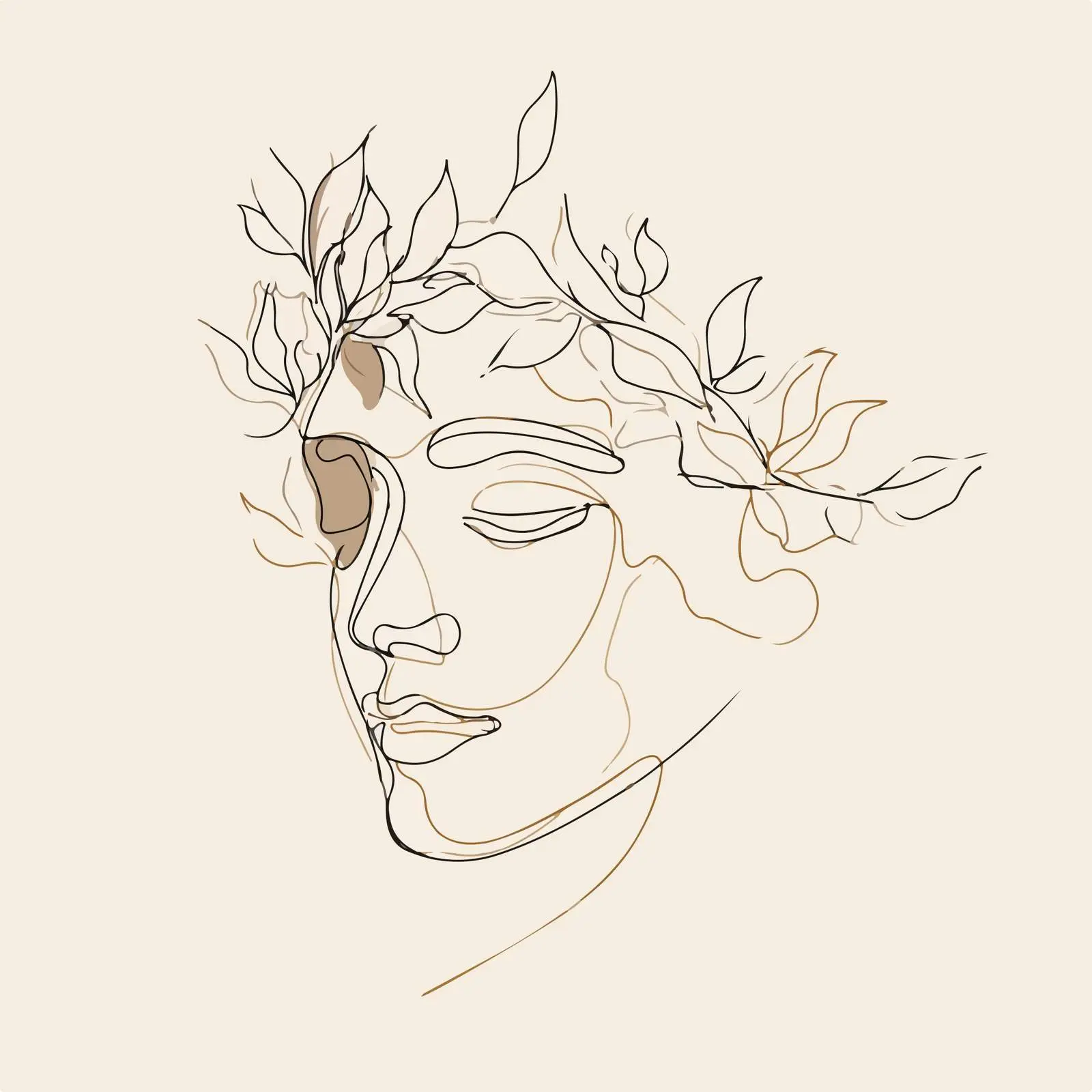 Minimal Face Line Art with Leafy Crown — free download from Dotvec