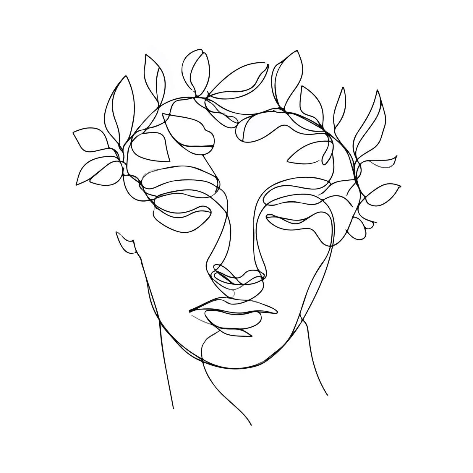 Elegant Face Line Art with Leafy Crown — free download from Dotvec