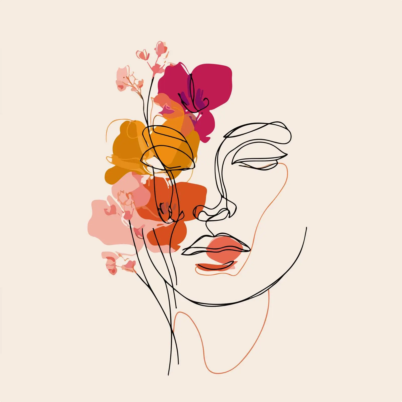 Elegant Female Face with Abstract Flowers — free download from Dotvec