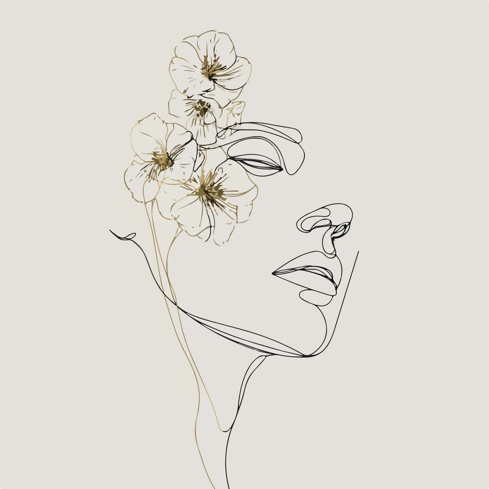 Minimal Female Face and Flowers Line Art — free download from Dotvec