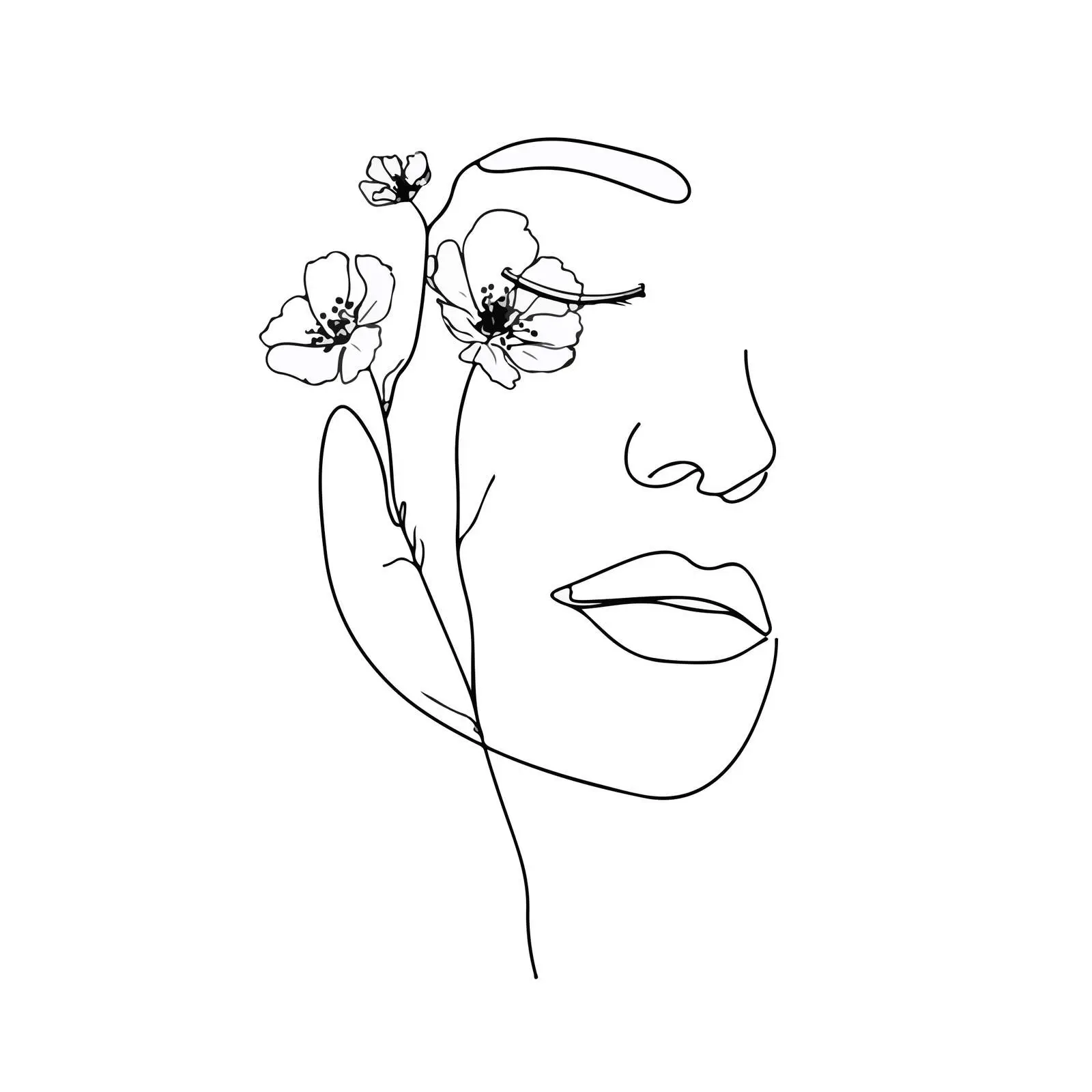 Elegant Female Face with Flowers in Line Art — free download from Dotvec