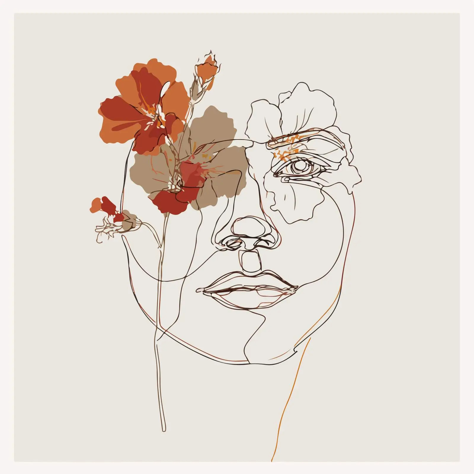 Elegant Female Face Line Art with Flowers — free download from Dotvec