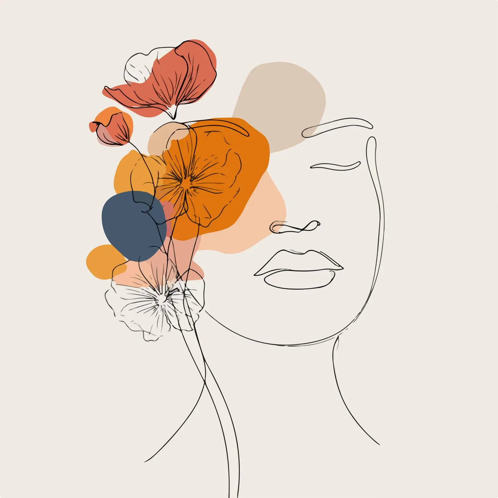 Elegant Female Face Line Art with Flowers — free download from Dotvec