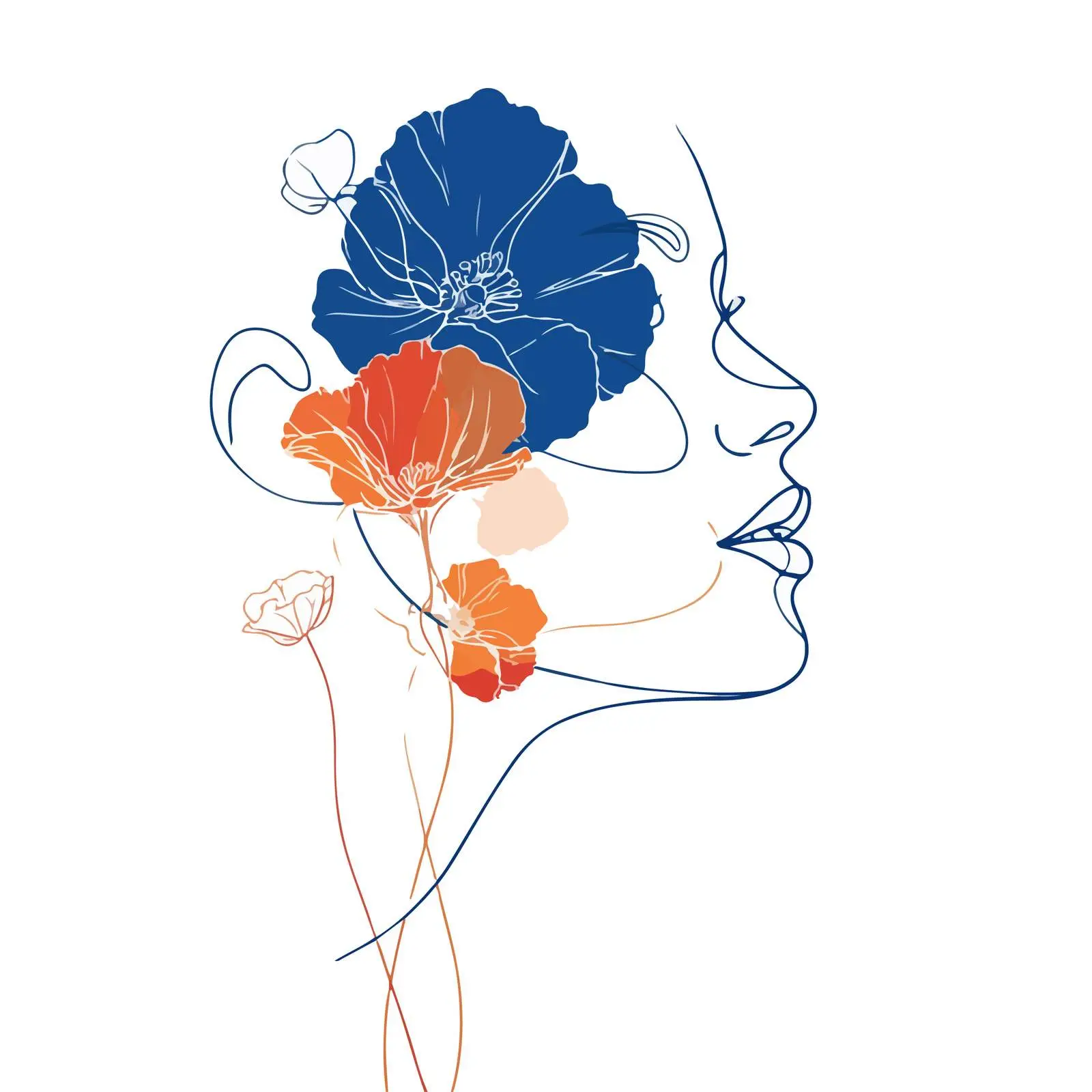 Female Face and Flowers Line Art — free download from Dotvec