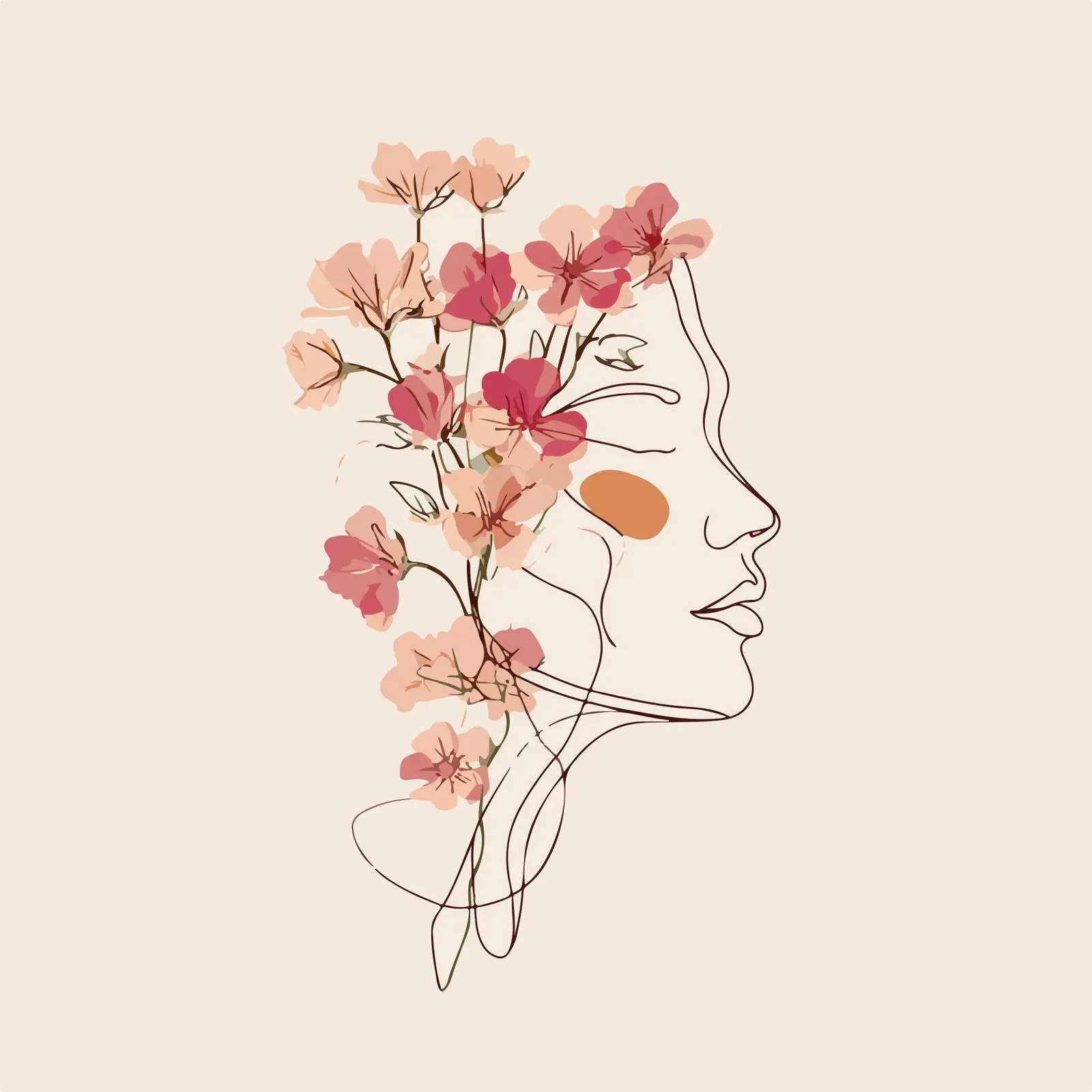 Minimal Head with Blooming Flowers Line Art — free download from Dotvec