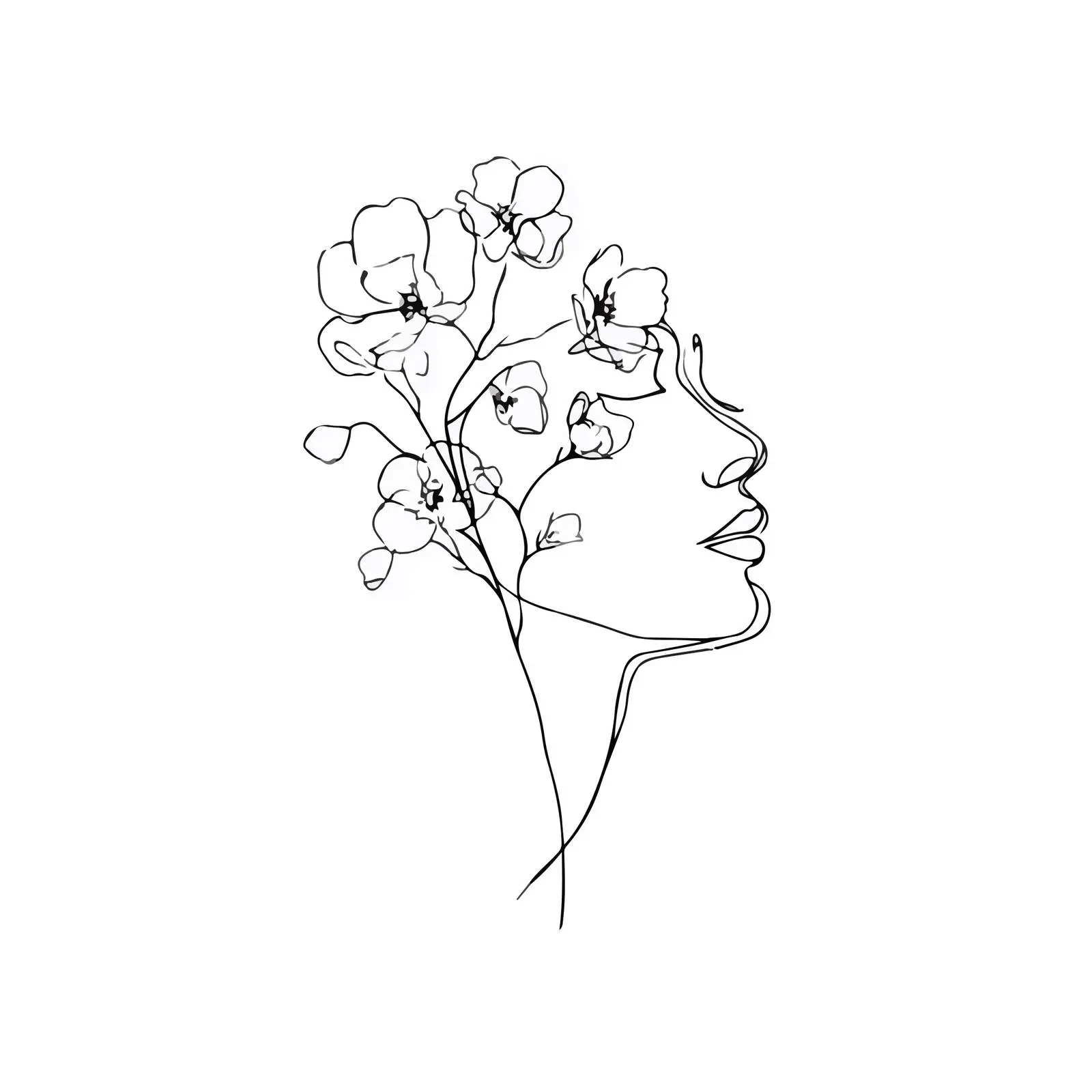Head with Blooming Flowers Line Art — free download from Dotvec