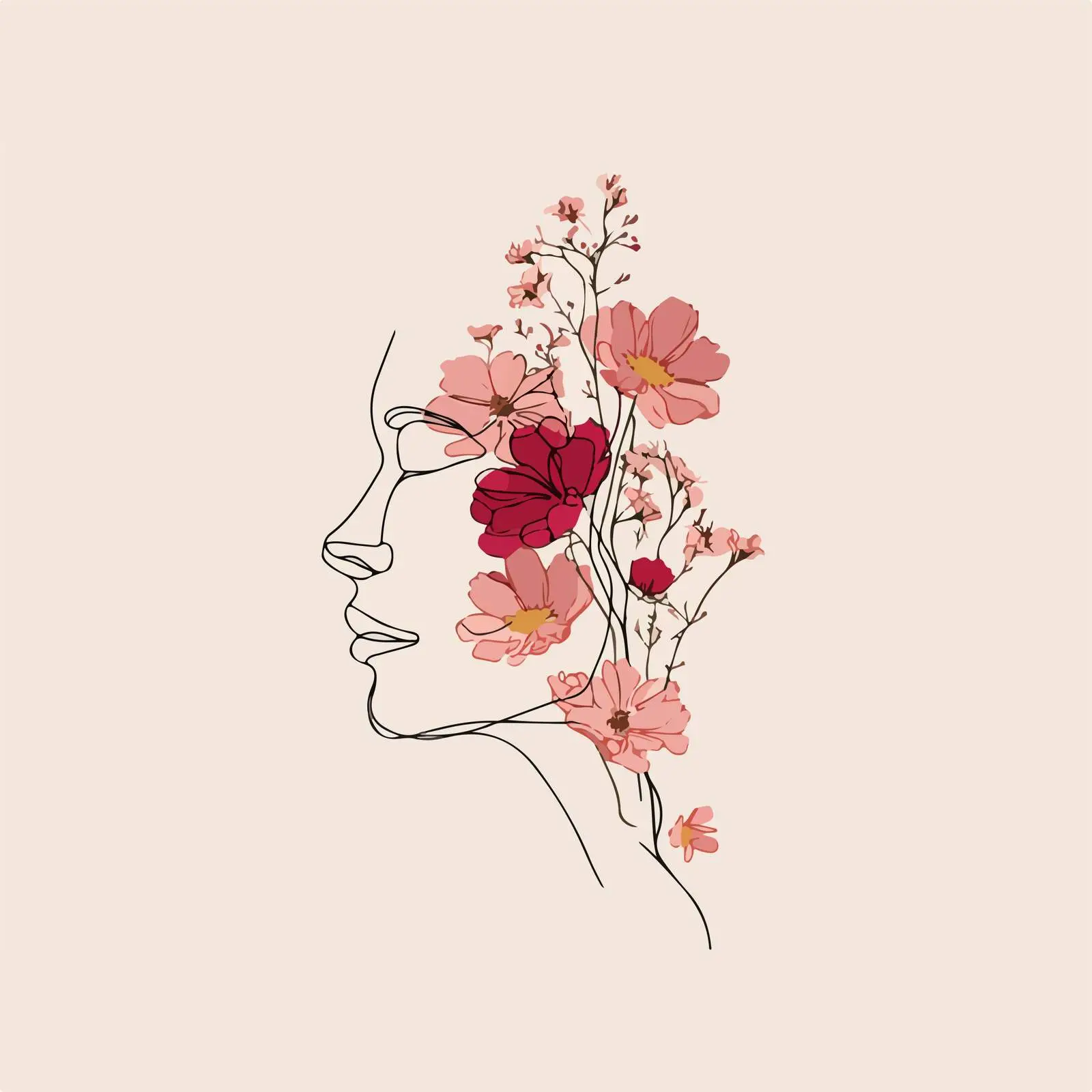 Continuous Line Art Blooming Flowers Head — free download from Dotvec