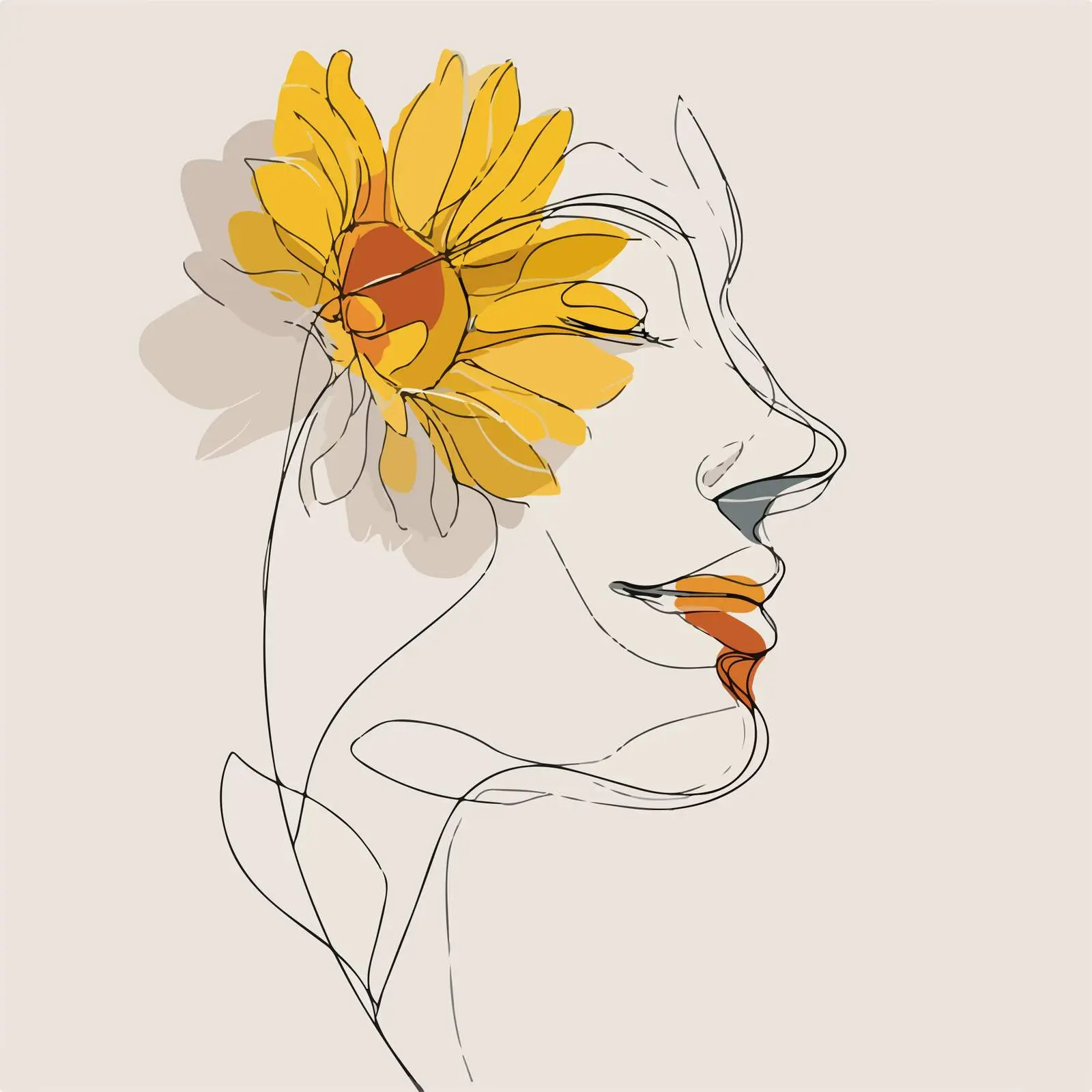 Elegant Sunflower Human Face Line Art — free download from Dotvec