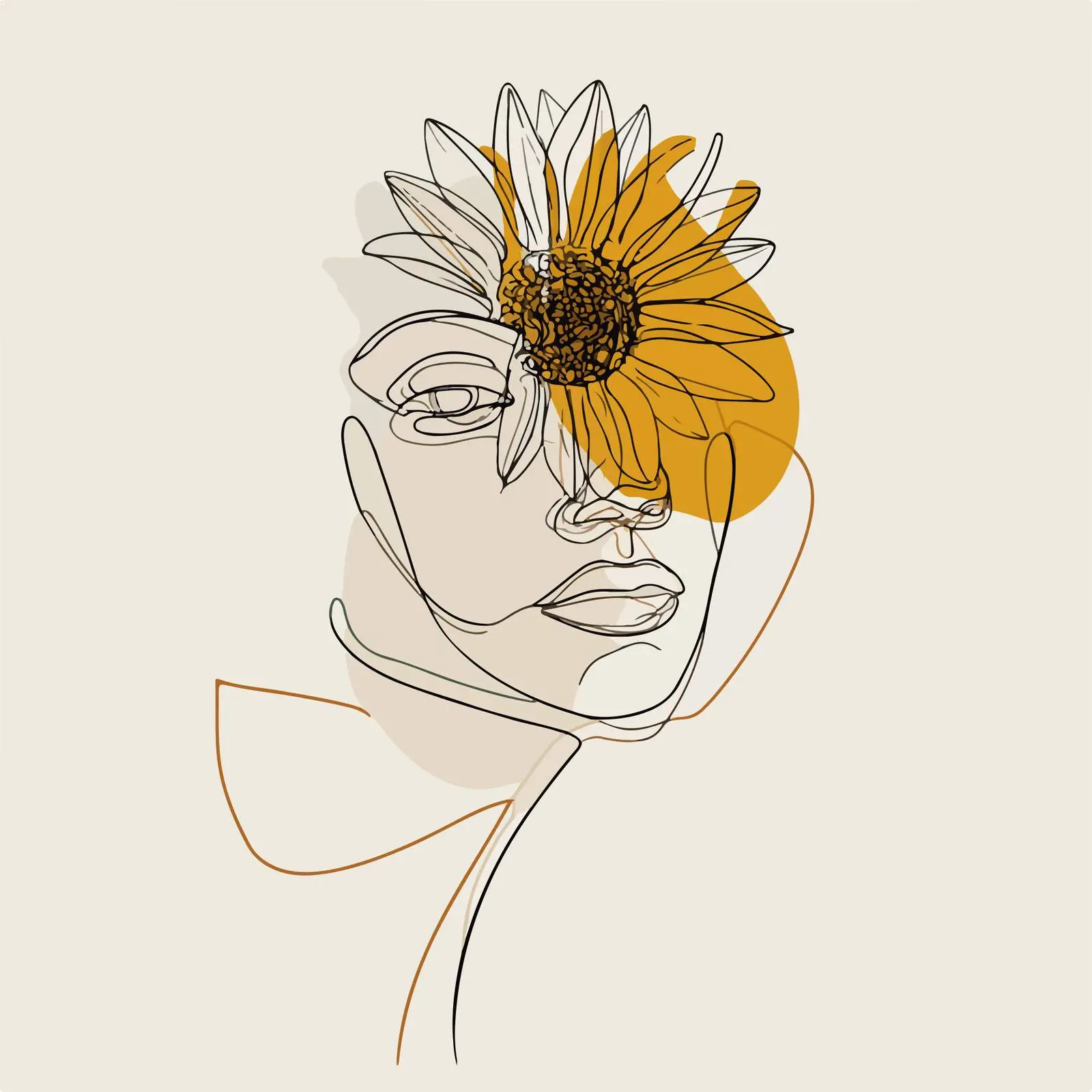Continuous Line Art Human Face with Sunflower — free download from Dotvec