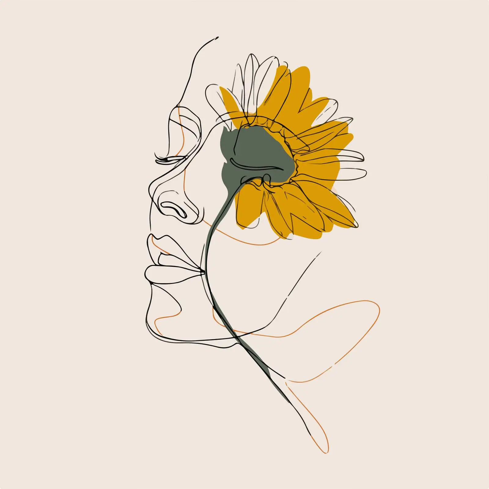Minimal Line Art Human Face with Sunflower — free download from Dotvec