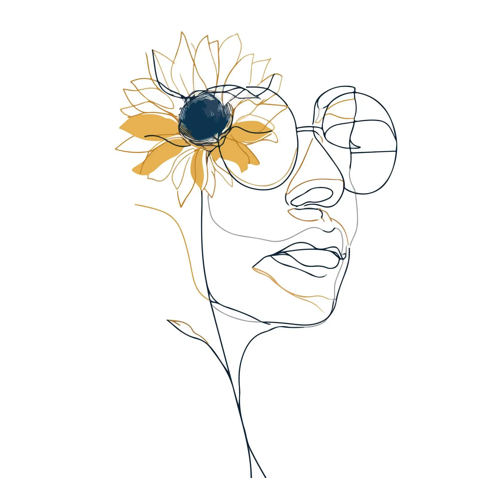 Cascading Line Art of Human Face with Sunflower — free download from Dotvec