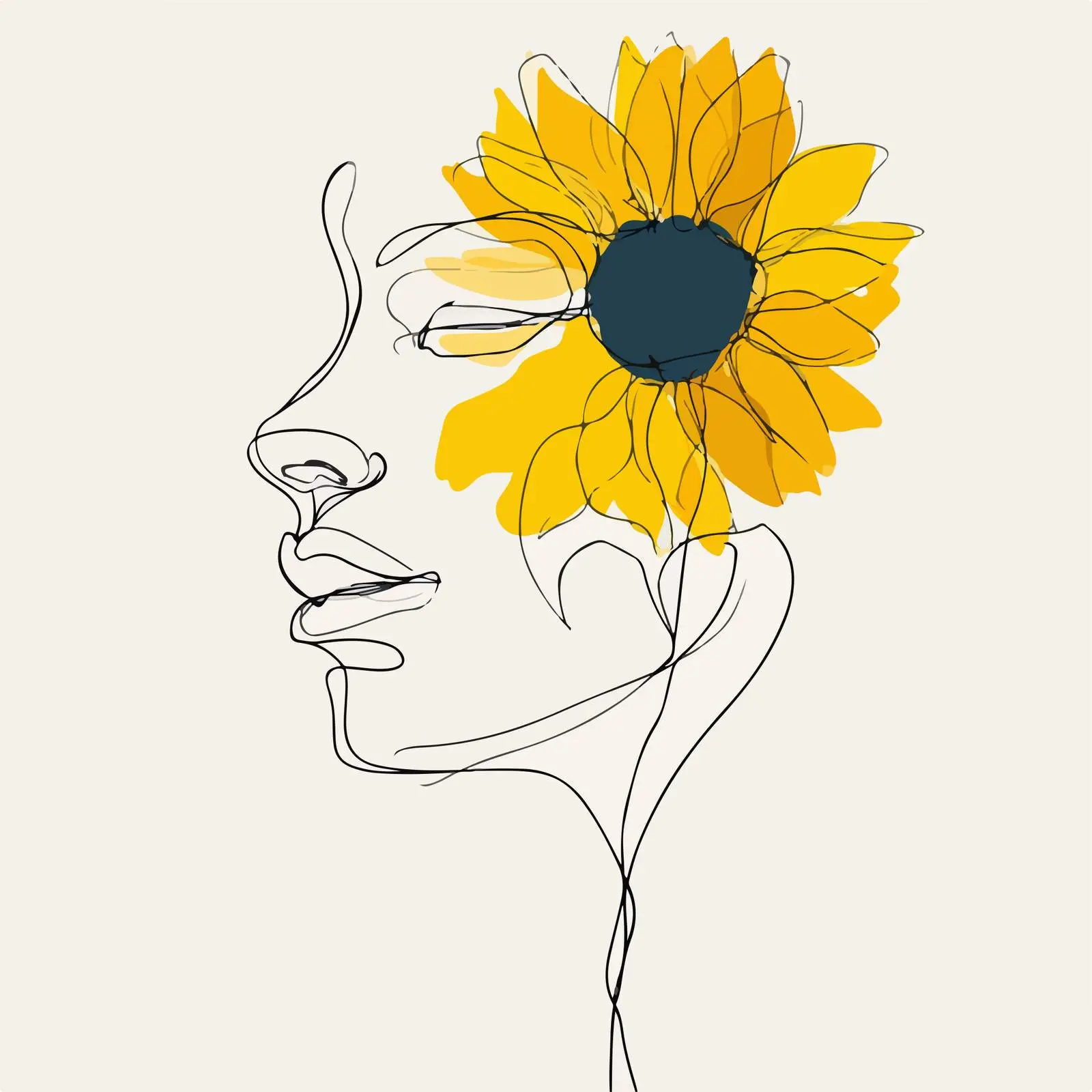 Elegant Face and Sunflower Line Art — free download from Dotvec