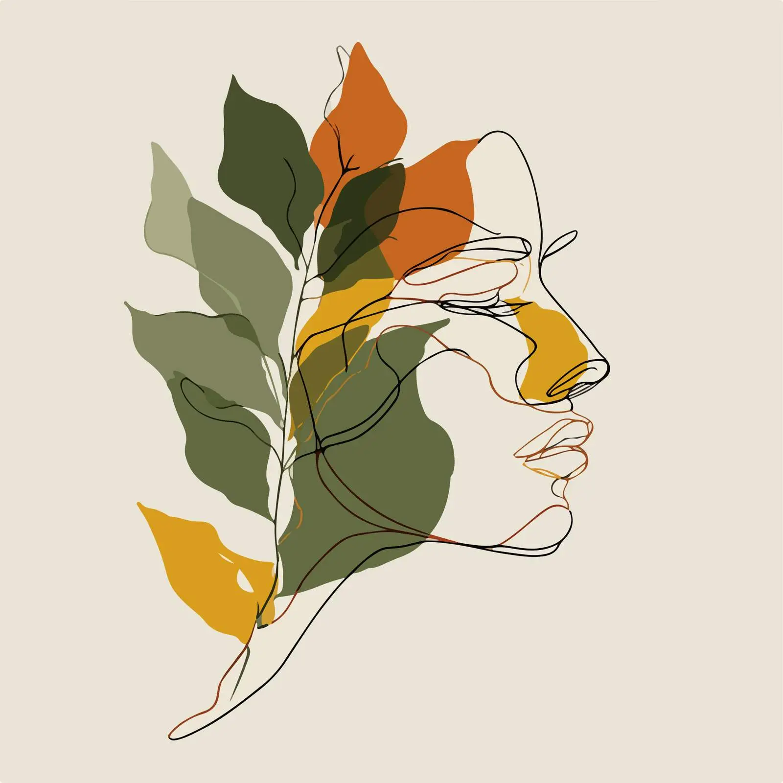 Minimal Profile Line Art with Leaves — free download from Dotvec
