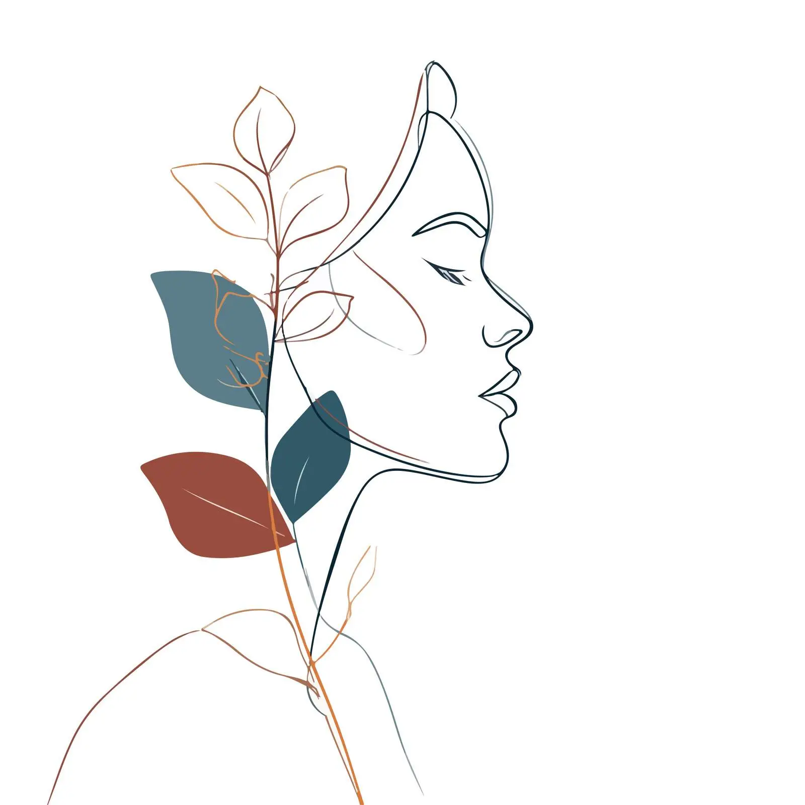 Profile Line Art with Botanical Element — free download from Dotvec