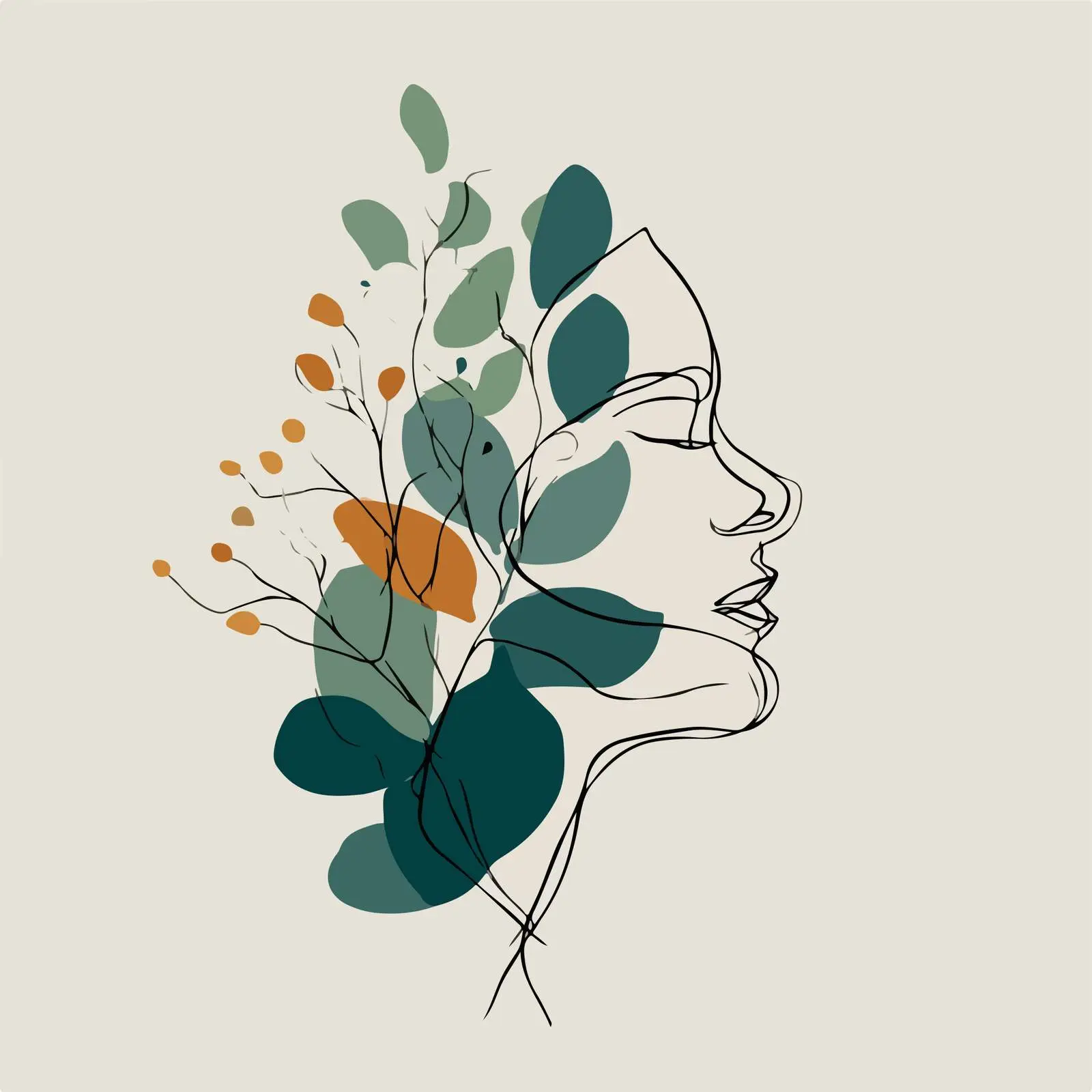 Elegant Profile Line Art with Botanical — free download from Dotvec