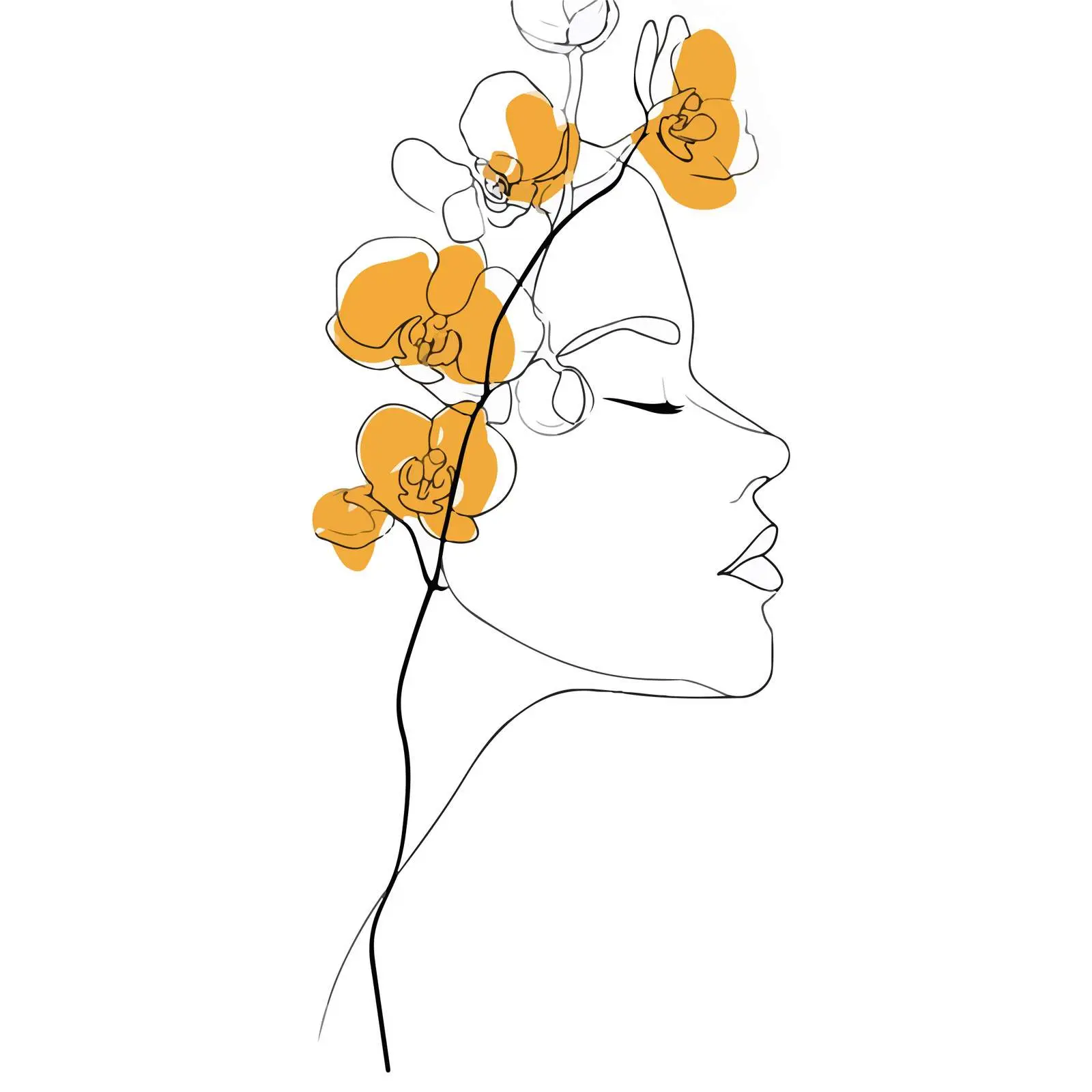 Elegant Profile with Orchids Line Art — free download from Dotvec
