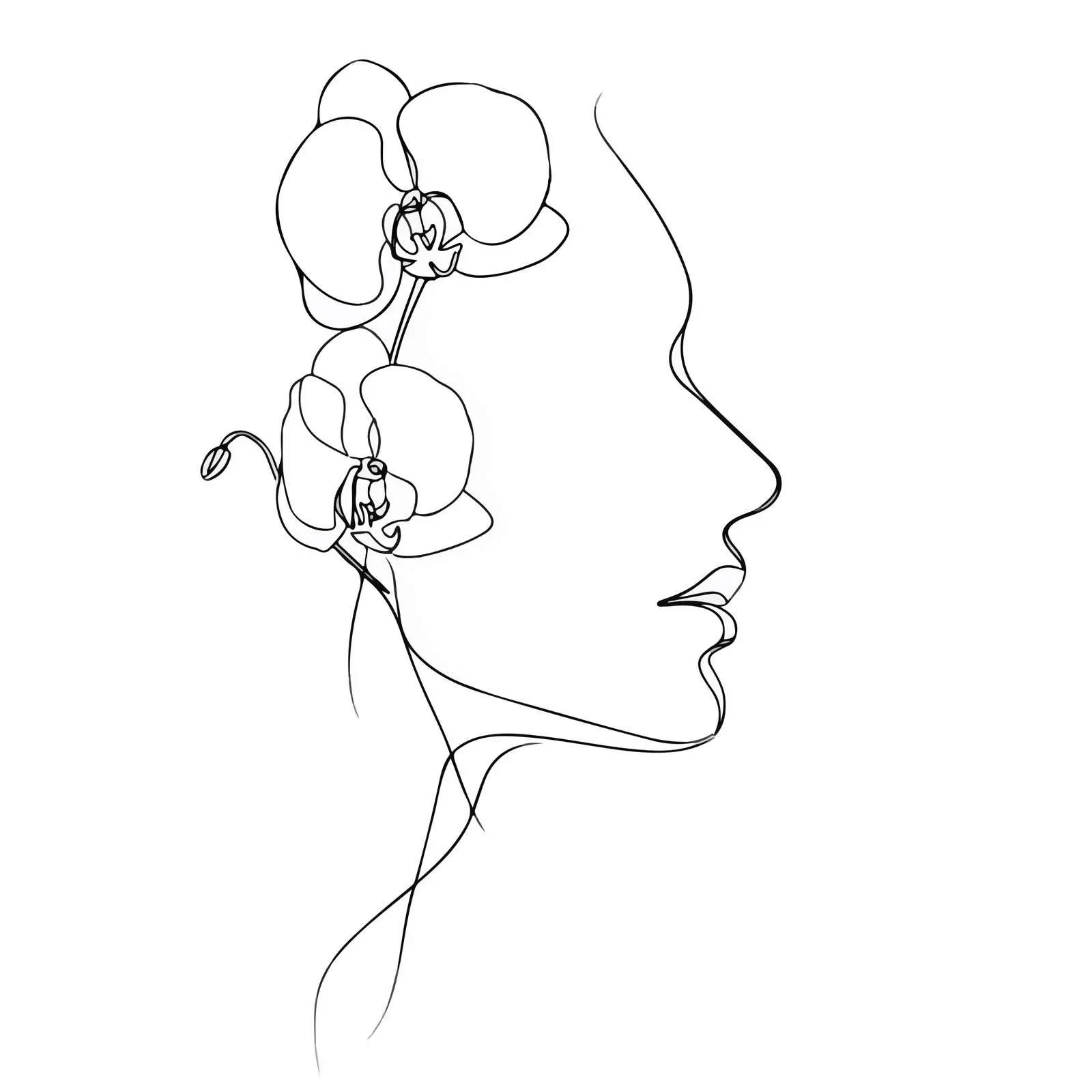 Elegant Profile with Orchids Line Art — free download from Dotvec