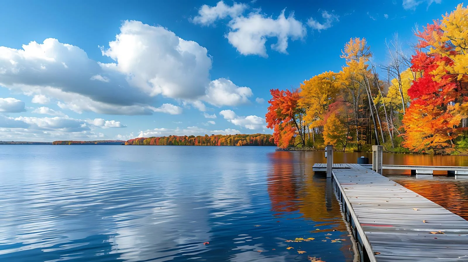 Tranquil Autumn Lake Dock Amid Trees — free download from Dotvec