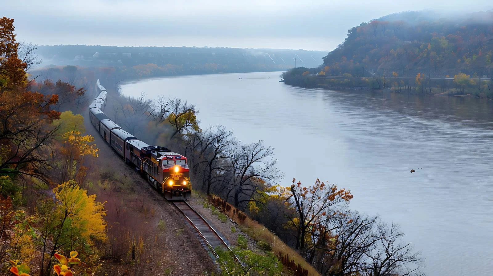 Train curving along Mississippi River panorama — free download from Dotvec