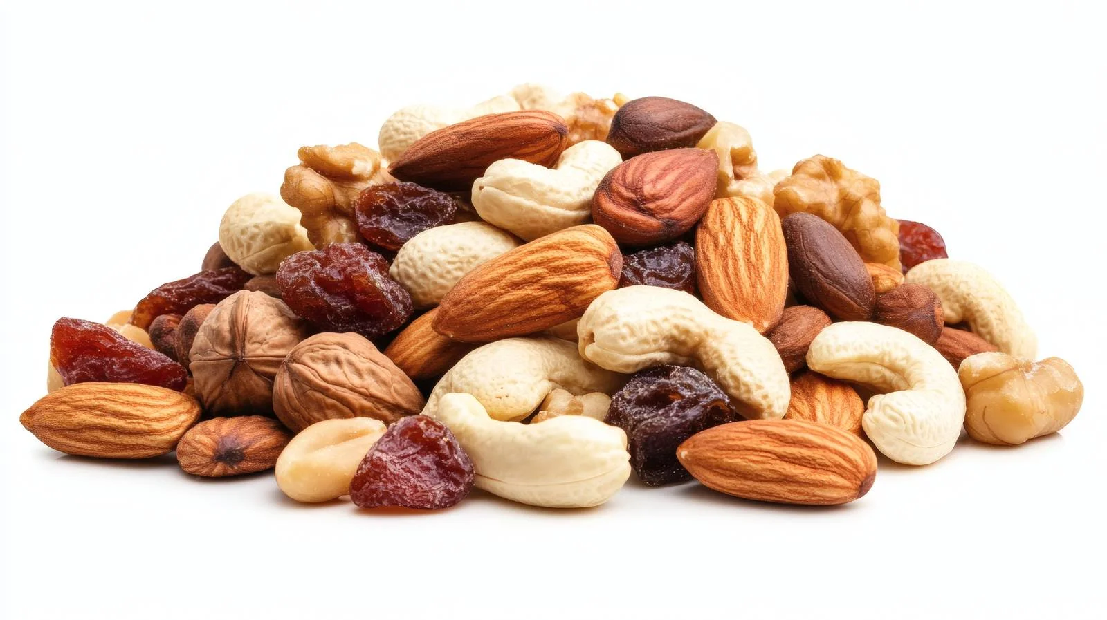 Assorted nuts and dried fruits on white background — free download from Dotvec