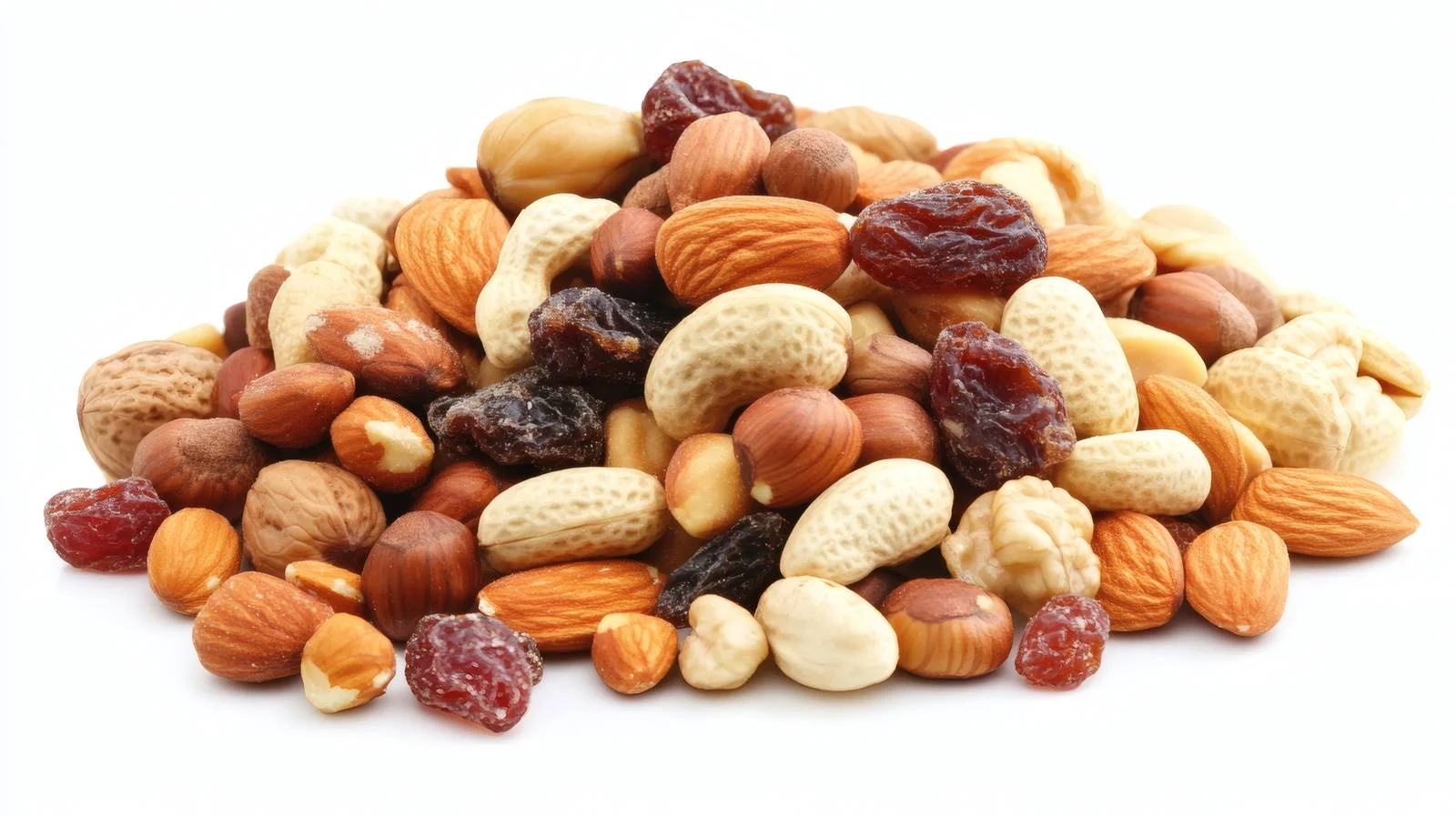 Assorted nuts and dried fruits on white background — free download from Dotvec