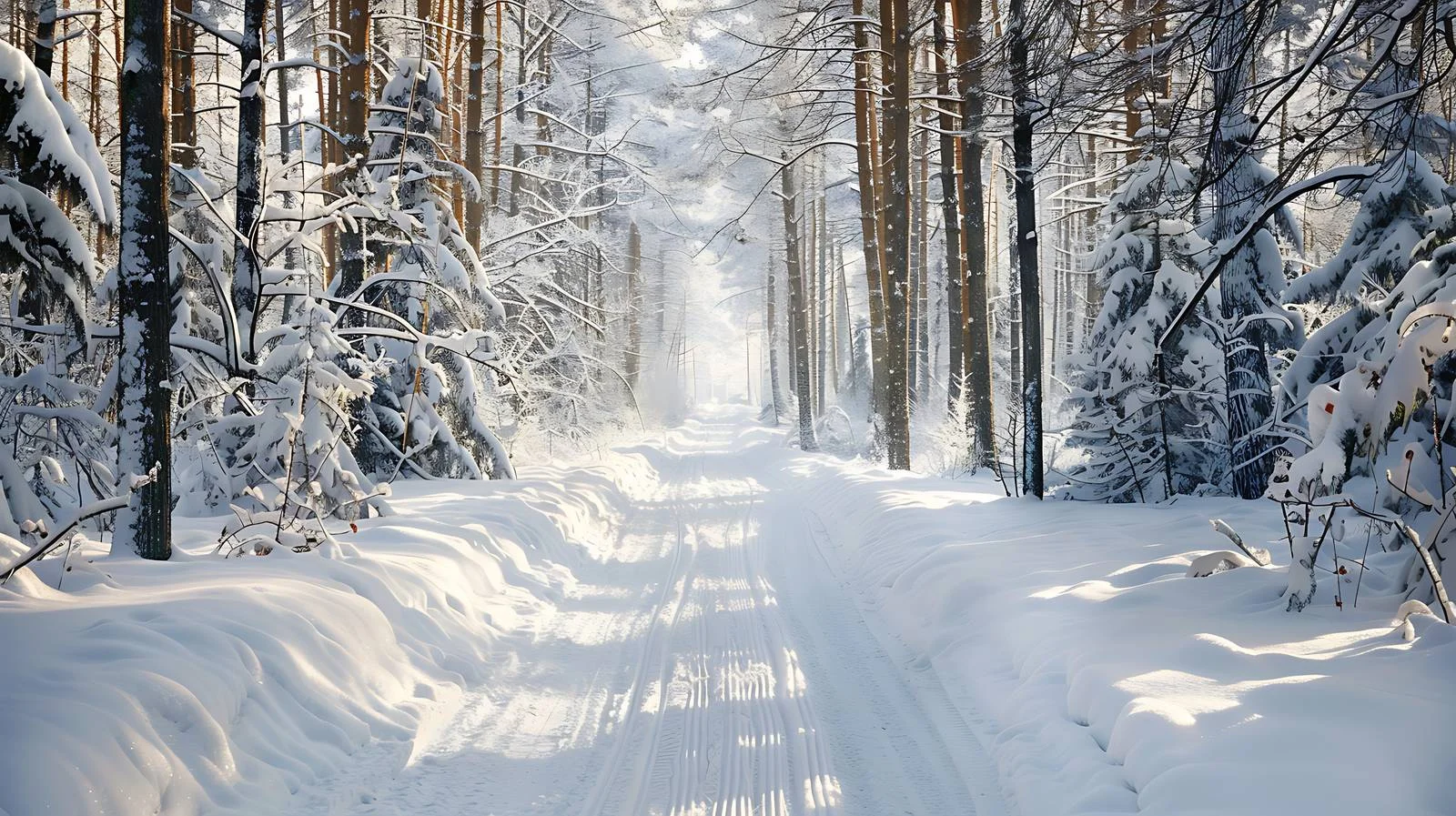 Serene Snow-Covered Forest Path on Sunny Winter Day — free download from Dotvec