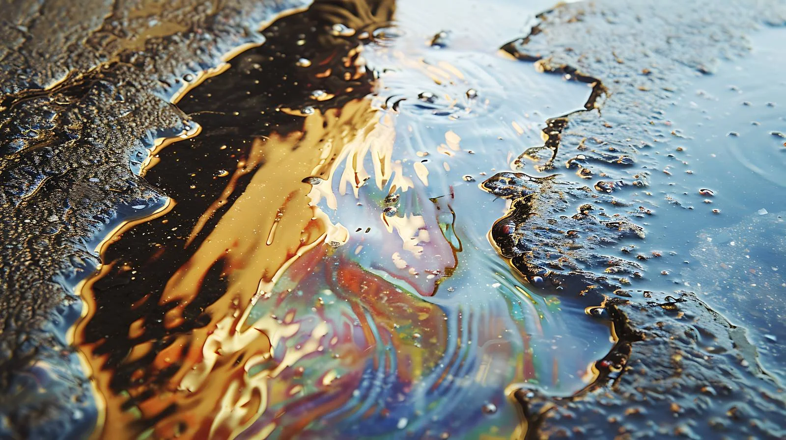 Polluted oil slick on asphalt road flowing — free download from Dotvec