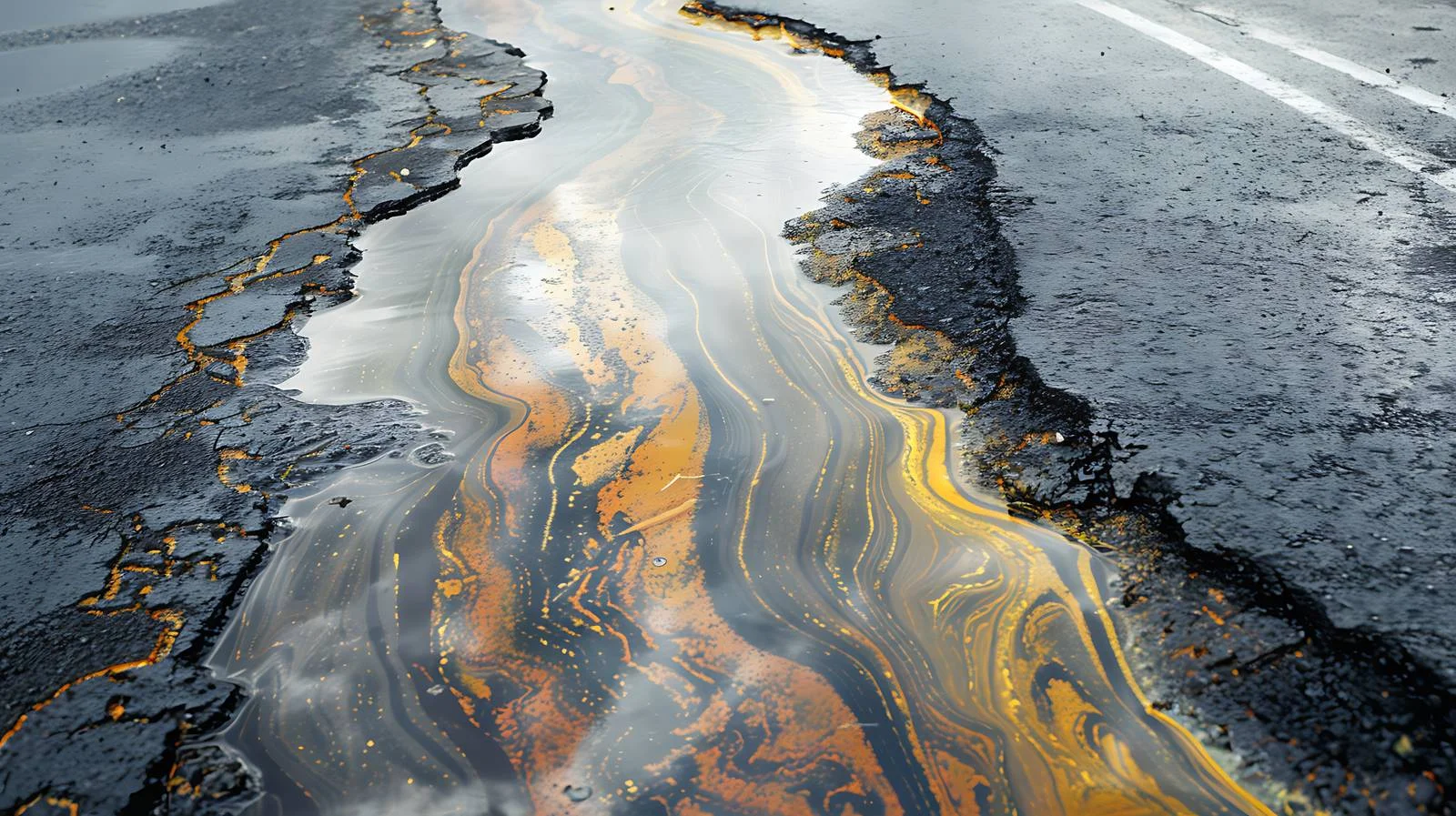 Spilled oil on damp parking lot with lane divider — free download from Dotvec