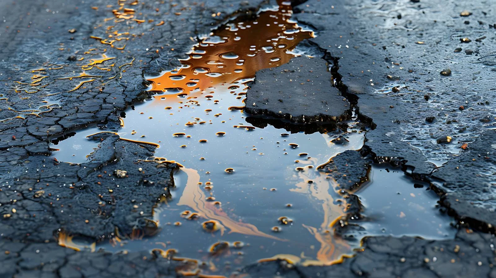 Leaking fluid creates oil stain on wet asphalt — free download from Dotvec