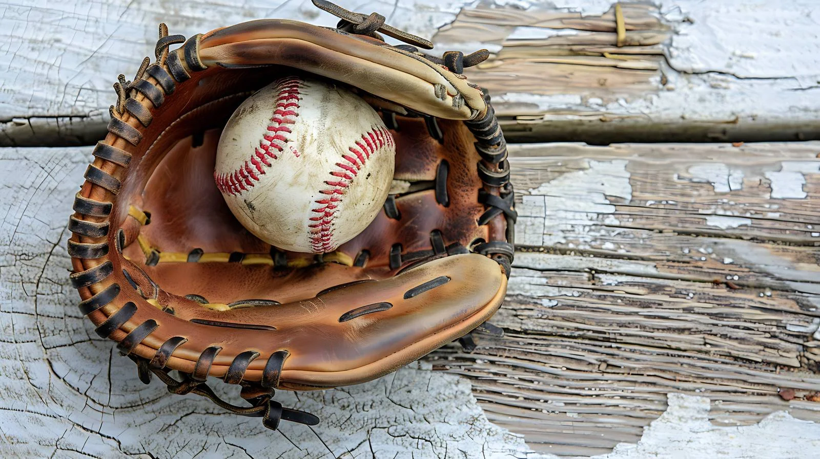 Vintage Baseball and Mitt on Textured Wood — free download from Dotvec