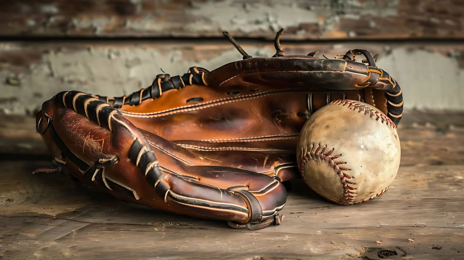 Vintage Leather Baseball Glove and Ball on Aged Wooden Background — free download from Dotvec