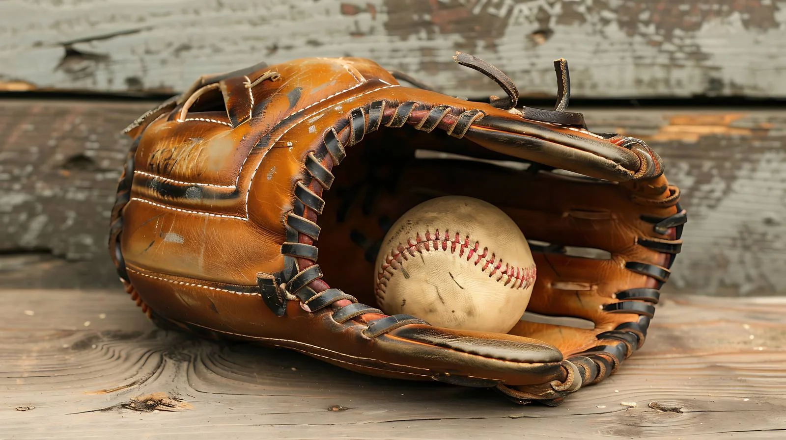Vintage baseball glove and ball on weathered wood — free download from Dotvec