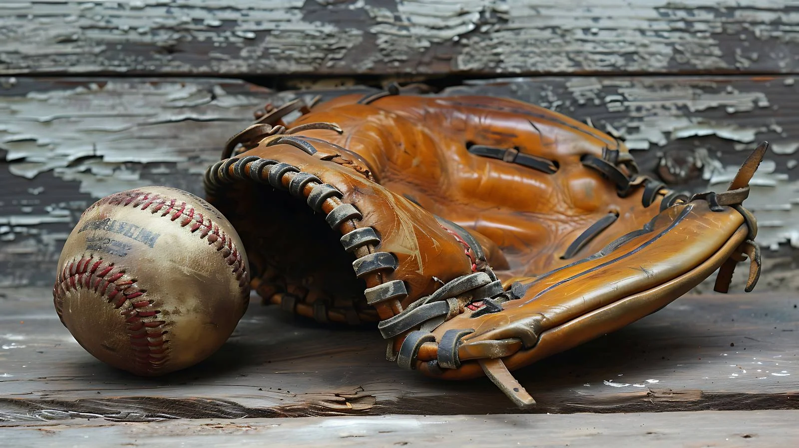 Vintage leather baseball glove and ball on worn wooden background — free download from Dotvec
