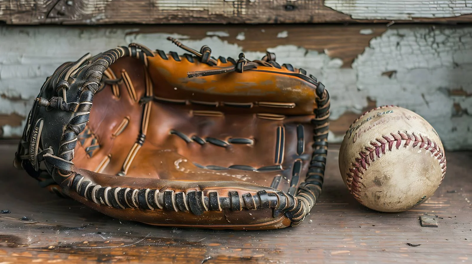 Vintage leather baseball glove and ball on worn wooden background — free download from Dotvec